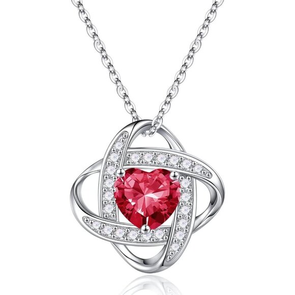 Women's Gemstone Sterling Natural Silver Red Love Knot Birthstone Necklace - Picture 1 of 7